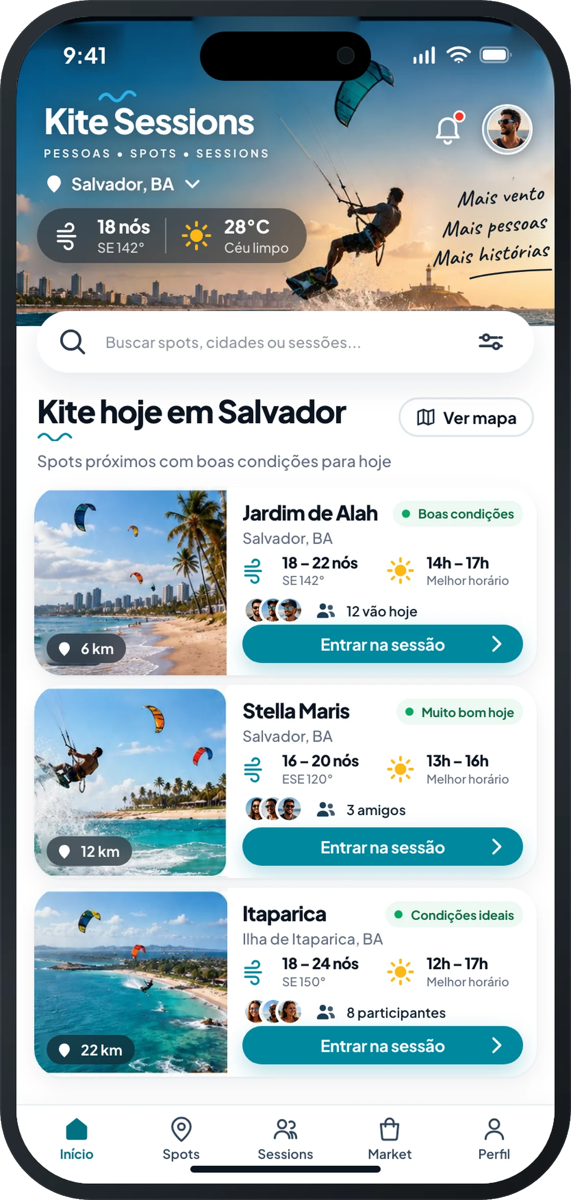 Tela inicial do app, com os spots de hoje em Salvador