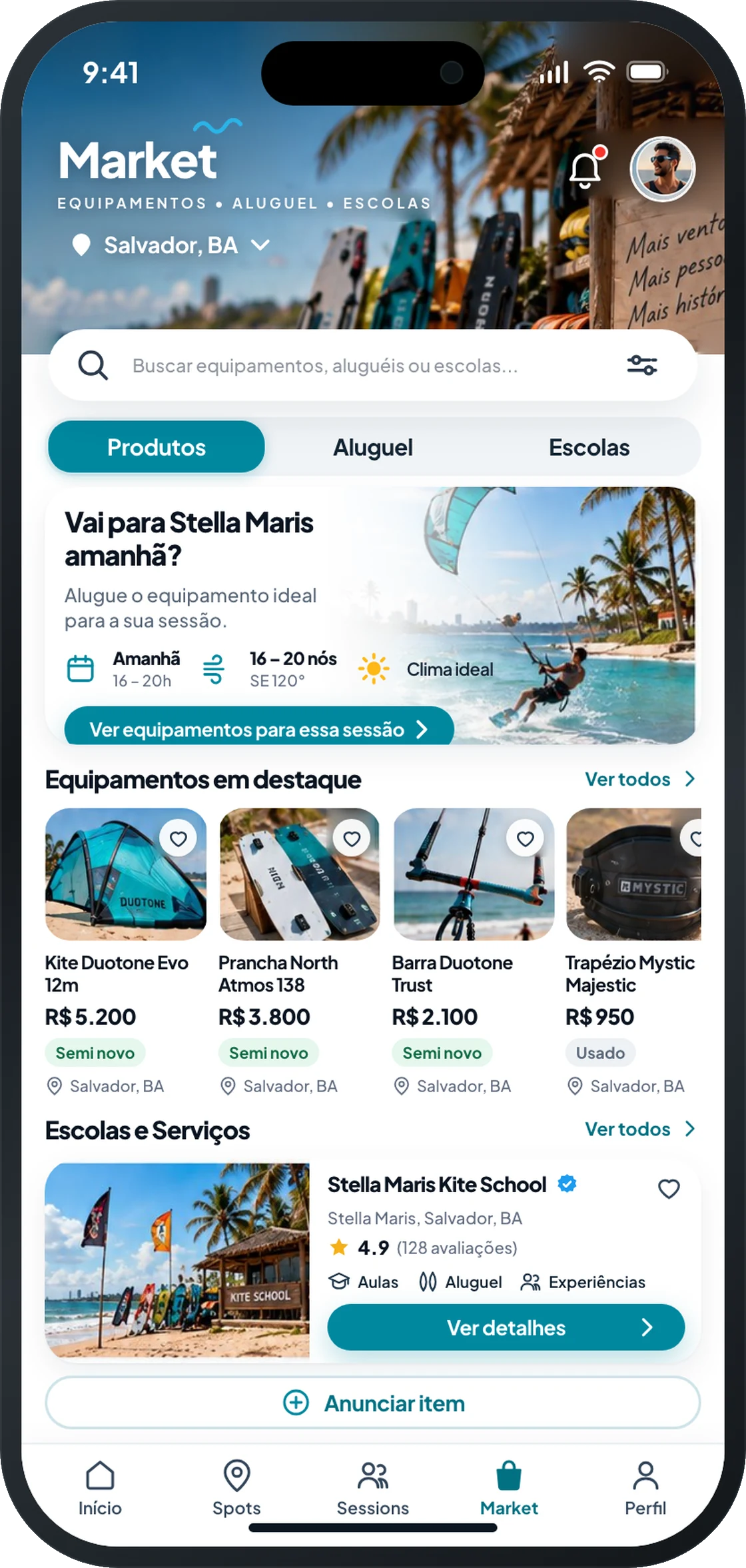 Tela do Market, com equipamento à venda e escolas
