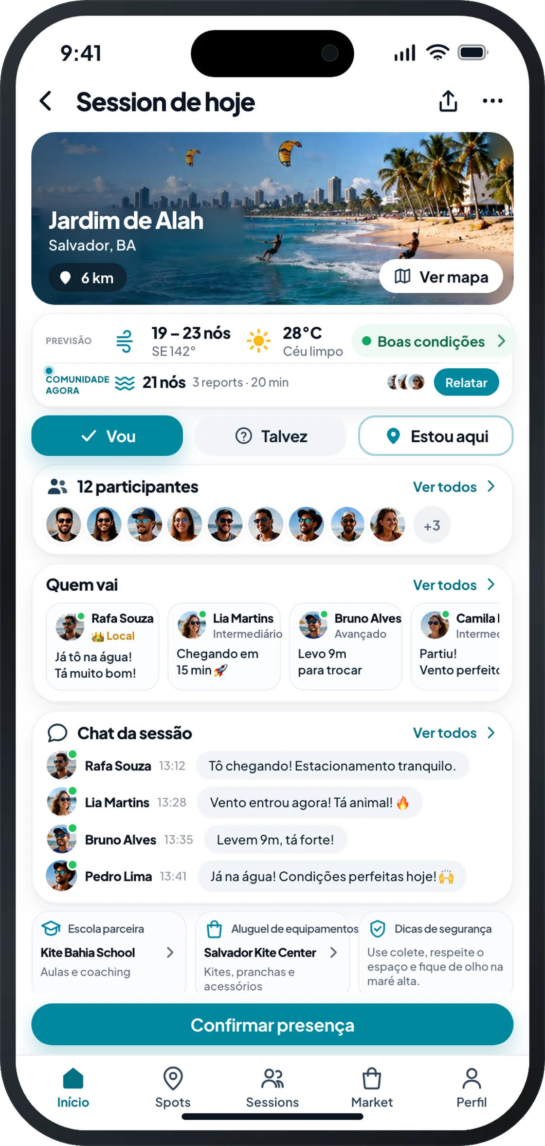 Tela de uma session, com previsão, relato da comunidade e participantes
