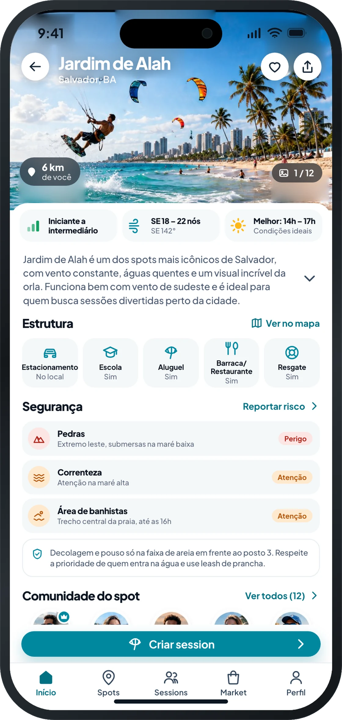 Tela de um spot no app, com condição, estrutura e riscos